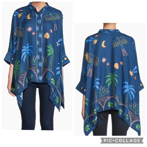 JOHNNY WAS JADE Women’s Blue Print KATIA OVERSIZED BLOUSE In DEL MAR Size L/XL - Picture 2 of 14